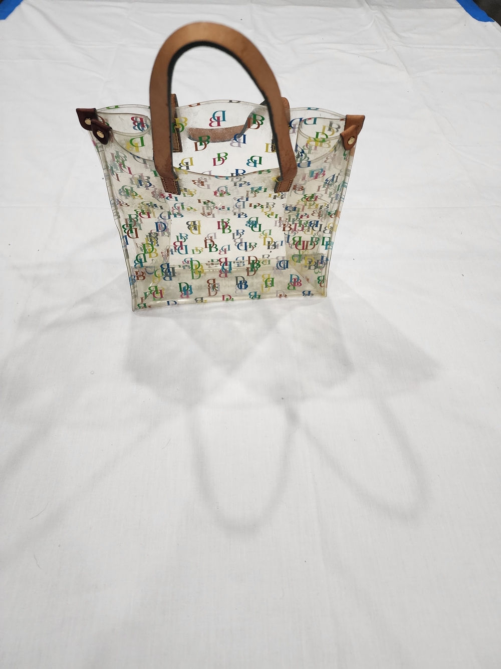 Dooney & Bourke Clear PVC Tote with Multicolor DB Logo and Tan Handles
